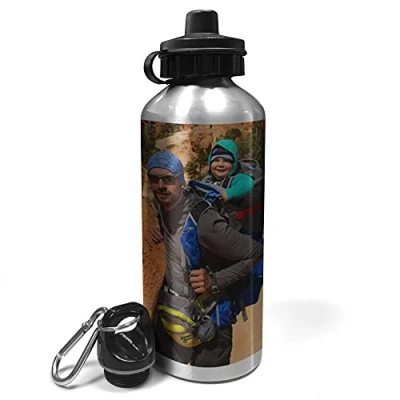 Imagen de LolaPix Botella Personalizada. de Aluminio Inoxidable con Foto. Agua. Water Bottle. Cantimplora. Libre BPA. 600ml. Doble TAPÓN Color Plata