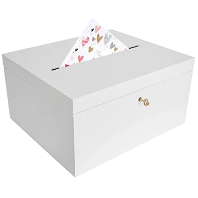 Imagen de Creative DECO Tarjetas de Boda Caja Madera Blanca Cerradura y Llave 29 x 25 15 cm Cofre para Decorar con Tapa Decoración Almacenaje Decoupage Documentos Objetos Valor Juguetes