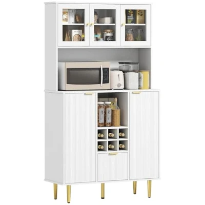 Imagen de HOMCOM Alacena de Cocina Mueble Auxiliar Aparador Alto con 3 Puertas Vidrio Botellero Cajón Estantes Ajustables y Compartimentos Abiertos 100x40x180 cm Blanco