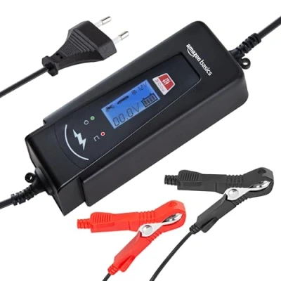 Imagen de Amazon Basics Cargador de batería inteligente automático con función probador batería, enchufe UE, salida : 2A/4A, 6V/12V CC, Negro