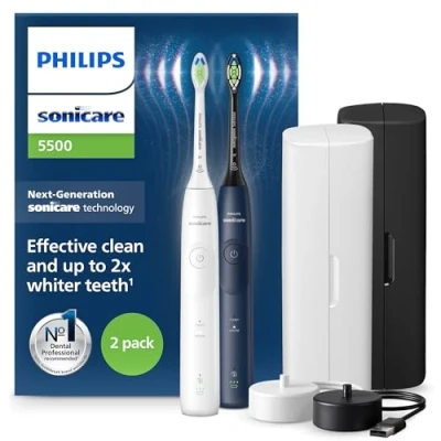 Imagen de Cepillo eléctrico Philips Sonicare 5500 HX7119/01, 2 Unidades, Tecnología sónica, Sensor de presión, Temporizadores intuitivos, Blanco y azul marino