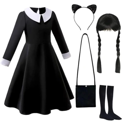 Imagen de Gxlaihly Disfraz Miercoles Niña, Niña Miércoles, de Miércoles para Niñas, Cumpleaños Cosplay Halloween Carnaval Black (Black 2, 120 (5 6 Edad))