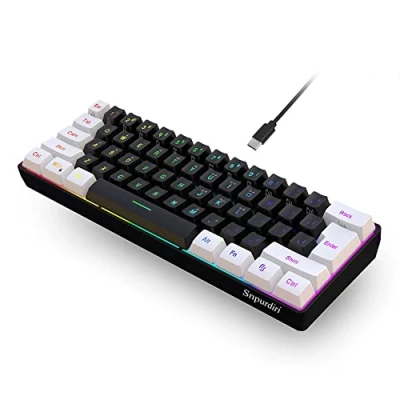 Imagen de Snpurdiri teclado para juegos con cable al 60 %, de membrana retroiluminada RGB pequeño, ultra compacto, mini impermeable PC, computadora, jugador, blanco y negro