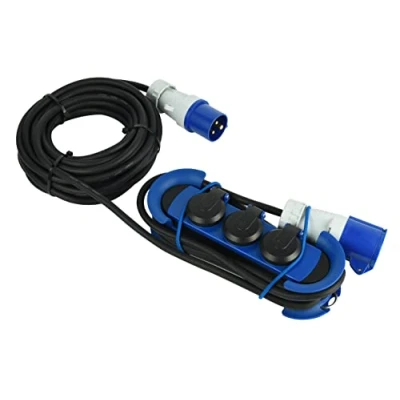 Imagen de Electraline 62575 Regleta Base Multiple/Prolongador IP44, 1 Toma CEE + 3 Tomas Schuko con Enchufe Colgante 2 Ganchos, Cable de Goma H07RN F 3G1.5 10M, para Campistas, Caravan, Camping