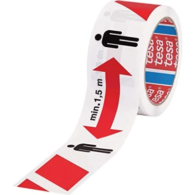 Imagen de tesa SIGNAL Cinta autoadhesiva de señalización Para mantener la distancia, Marca 1,5 m distancia seguridad, interiores y exteriores, Blanco rojo, 50 x mm