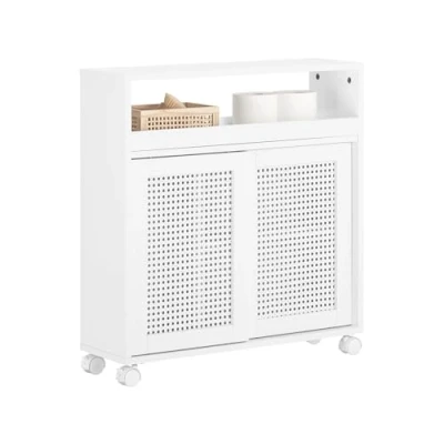 Imagen de SoBuy BZR119 W Estantería Estrecha para Baño Armario Auxiliar Móvil Multifuncional de Almacenaje con 2 Puertas 1 Estante y 4 Ruedas Blanco 65 x 20 70 cm ES