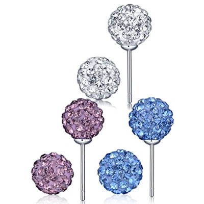 Imagen de Infinite U 3 pares plata de ley 925 8 mm Color blanco morado azul Shamballa bolas cristal Ear Studs Pendientes para las mujeres/niñas