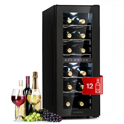 Imagen de KLARSTEIN Vinoteca de Pie, Nevera para Vinos Dos Zonas Refrigeración, Cervezas Pequeña Interior/Exterior Puerta Cristal, Protección UV, 5 18C, Botellero 12 Botellas
