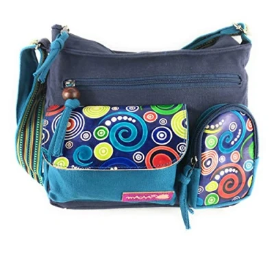 Imagen de Macha Bolso de hombro algodón y cuero étnico indio para mujer (Naranja) (Azul)