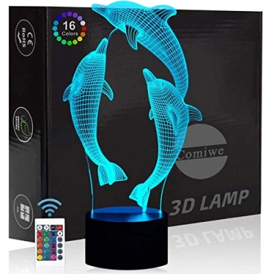 Imagen de Comiwe Delfín Luz de Noche Ilusión 3D Juguete,Control Táctil y Remoto 16 Colores,Lámpara Mesa LED Para Decoración del Hogar Niñas,Niños,Adultos,Amigos Familia