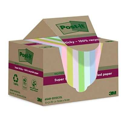 Imagen de Post it Super Sticky Notas Recicladas, 12 Blocs, 70 Hojas por Bloc, 76 mm x mm, Rosa, Verde, Azul, Morado, Amarillo Extra Adhesivas Fabricadas con Papel 100% Reciclado