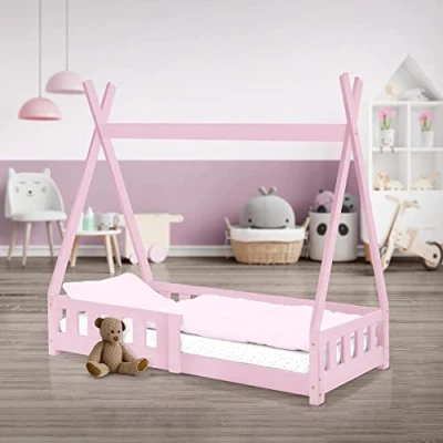 Imagen de ML Design Cama Infantil Tipi 70x140 cm con Protección Anticaída y Somier Estructura Listones de Madera Pino Maciza Color Rosa Forma Casa Mobiliario Juego Tienda Campaña para Niños