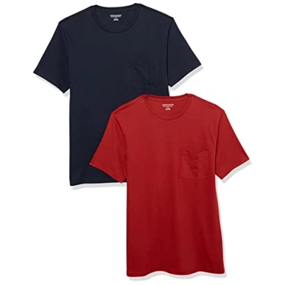 Imagen de Amazon Essentials Camiseta de manga corta con bolsillo, cuello redondo y corte ajustado Hombre, Pack 2, Azul Marino/Rojo Oscuro, XL