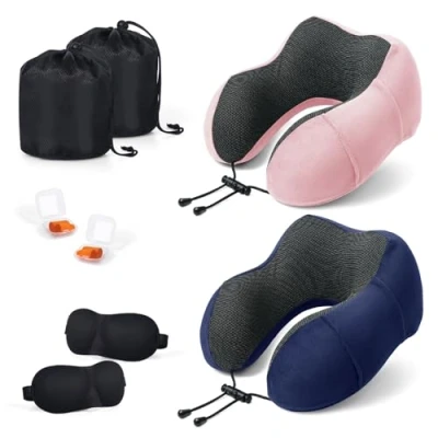 Imagen de SOMLAW Almohada de Viaje para Cuello, 2 Juegos Cojin Cuello Espuma Viscoelástica Ideal Avión, Tren y Coche, Cervical Viaje, con Antifaz, Tapones Bolsa