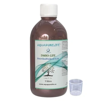 Imagen de AQUAPURELIFE® DMSO Dimetilsulfóxido de Pureza 99,9% Apto para mezclar o diluir Envasado en botella cristal ámbar (1litro DMSO)