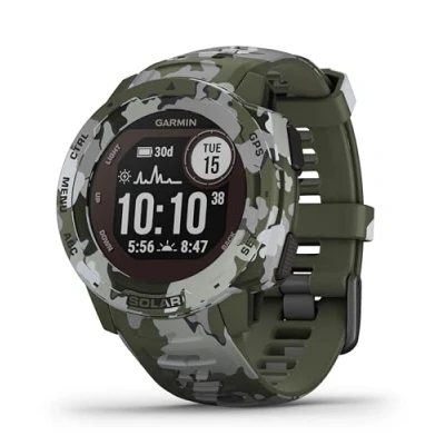Imagen de Garmin Instinct solar, Reloj inteligente con GPS resistente al agua, función de carga funciones deportivas, pulsioximetría y notificaciones del smartphone, Camo