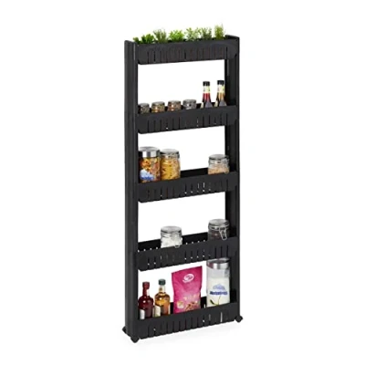 Imagen de Relaxdays Carrito de Nichos, Estantería con Ruedas y 5 Baldas, Mueble Espacios Pequeños para Baño Cocina, 131x12,5x54 cm, Plástico, Negro