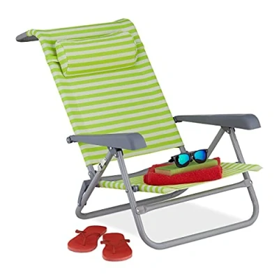 Imagen de Relaxdays Tumbona Playa Plegable, Reclinable, 8 Niveles, Silla Piscina Reposacabezas, Abrebotellas, Rayas, Verde, Blanco, Acero, 1 Pieza