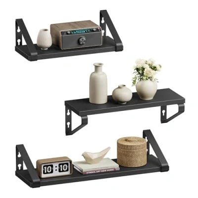 Imagen de VASAGLE Estantes de Pared, Flotantes, Juego 3, 2 Formas Montaje, Decorativos, para Salón, Baño, Cocina, Negro Tinta y Mate LWS033B10