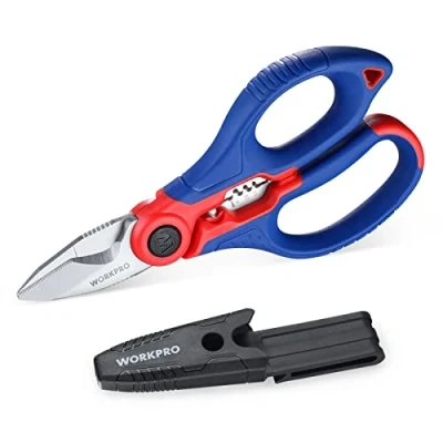 Imagen de WORKPRO Tijeras Electricista, con Pelacables 162 mm, de Acero Inoxidable Multifunción Funda Clip, para Cables