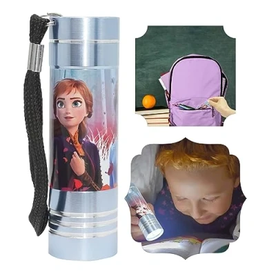 Imagen de Linterna de aluminio con 9 LED para niños colores personajes TV niñas a partir, Frozen azul claro transporte Juguete noche brillante Antorcha grande infantil [Clase energética A+]