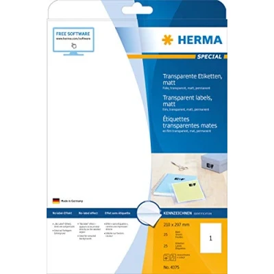 Imagen de Herma 4375 Pack de 25 etiquetas, 210 x 297 mm, transparente