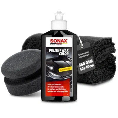Imagen de Juego de abrillantador coche Sonax Polish &amp; Wax Color Negro 250 ml Auto Politur + Esponja pulido Paño Pasta para pinturas colores y metálicas eliminar pequeños