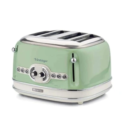 Imagen de Ariete 156/04 Tostador 4 ranuras anchas paredes frías, sistema expulsión automática, 1600 W, acero inoxidable, pies antideslizantes, verde pastel