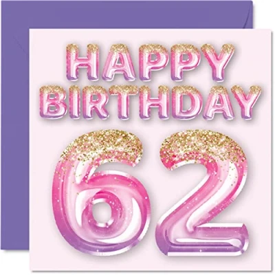 Imagen de Stuff4 Tarjeta de cumpleaños número 62 para mujer, globos purpurina rosa y morada, tarjetas feliz mujer años, mamá, niñera, abuela, tía, 145 mm x mm,