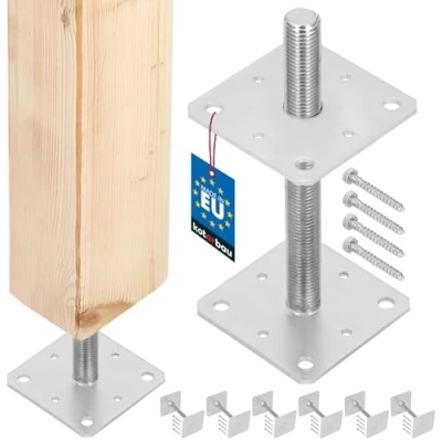 Imagen de KOTARBAU® Lote de 6 Soporte para postes 160 mm x 250 mm, rosca M24 atornillar, Base sujeción galvanizada, Altura ajustable, Pie suelo hormigón, Placa regulable