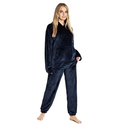 Imagen de CityComfort Pijama Mujer, Mujer Invierno de Forro Polar Elegante Dos Piezas con Capucha S XL (Azul Marino, L)