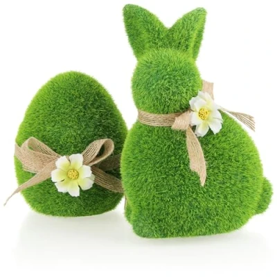 Imagen de com four® 2X Figura Decorativa Conejito de Pascua y Huevo cerámica con Lazos Flores Cubiertos césped Artificial (2 Piezas Conejo+Huevo 17+11cm)