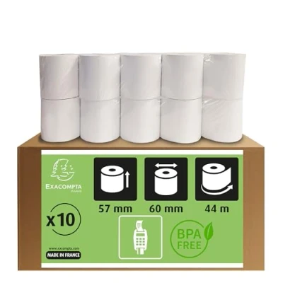 Imagen de Exacompta 43347E caja de 10 bobinas para billetes y tarjeta bancaria (57 x 60 mm, papel térmico 55 g/m2, sin Phenol, color blanco