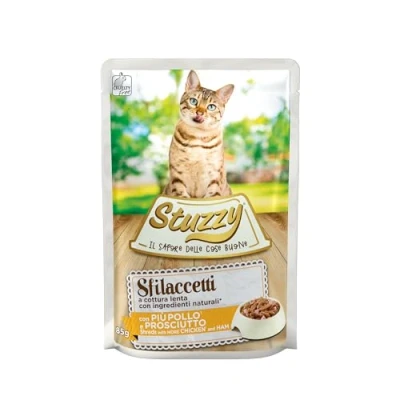 Imagen de Stuzzy, Comida húmeda Completa para Gatos Adultos con Pollo y jamón, en peladillos, 24 Sobres de 85 g