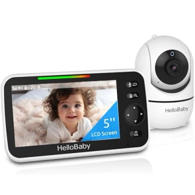 Imagen de HelloBaby Monitor de Bebé con Cámara y Visión Nocturna, Pantalla 5 Pulgadas Batería 30 Horas, Video para Sin WiFi, Conversación Bidireccional, Temperatura, 8 Canciones