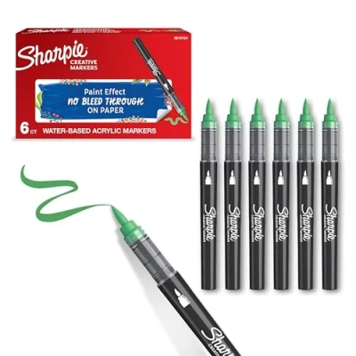Imagen de SHARPIE Rotuladores acrílicos creativos al agua con punta de pincel Tinta sin borrones Escribe en la mayoría superficies Material escolar Verde 6 Piezas
