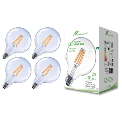Imagen de greenandco 4x bombilla de filamento LED transparente E27 G125 7,2W 1521lm sustituye A 100W 3000K blanco cálido 320 230V sin parpadeo clase energética no regulable