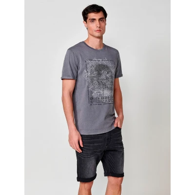 Imagen de Camiseta de Manga Corta Algodón. Estampado Delantero. Cuello Redondo. Color Gris para Hombre