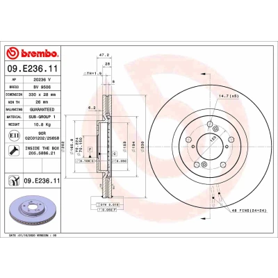 Imagen de BREMBO 09.E236.11 Disco de freno 330 28 5 ventilación interna revestido con tornillos