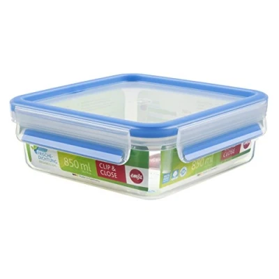 Imagen de Emsa Clip &amp; Close Conservador Hermético de Plástico Cuadrado, higiénico, no retiene olores ni sabores 100% Libre BPA, Transparente y Azul