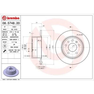 Imagen de BREMBO 08.5748.20 Disco de freno 270 10 5 macizo con tornillos OPEL: Calibra A, Vectra A Berlina