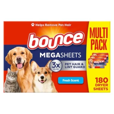 Imagen de Bounce hojas secadoras suavizantes para pelo de mascotas y pelusas con 3 pelos mascotas, aroma fresco, 180 unidades, secadora ropa