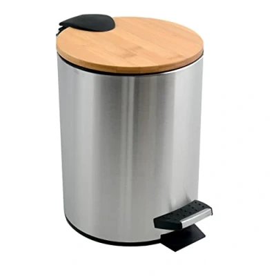 Imagen de Spirella SP2306 Adonis Basura para baño (5 L, Acero Inoxidable, bambú, con Descenso automático y Cubo Interior, Cierre Suave), Color Plateado, Plástico, Cromado