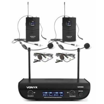 Imagen de Vonyx WM82B Sistema de Microfono Inalambrico UHF Digital 2 Canales, con Micrófono Diadema y Solapa, Petacas, 1 Receptor, Alcance hasta 50m, Maletín Transporte