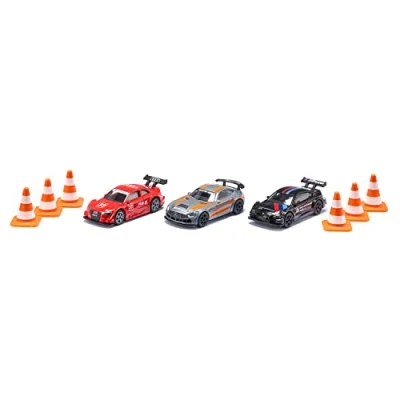 Imagen de siku 6331, Set de regalo Race, Mercedes AMG GT4, Audi RS 5 Racing y BMW M4, Incl. 6 Conos, Coches juguete, Metal/Plástico, Multicolor, Con llantas deportivas alerón posterior