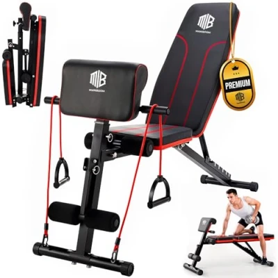 Imagen de ManiBoom Banco Musculación PLEGABLE Multifuncional con 7 Posiciones Ajustable CARGA 250kg de Pesas 2 Bandas Entrenamiento y Cojín para Bíceps Banca Gym en Casa
