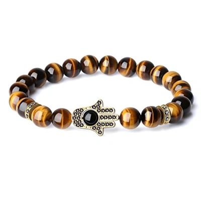 Imagen de COAI Pulsera Unisex con Cuentas de Ojo Tigre y Amuleto Mano Fátima