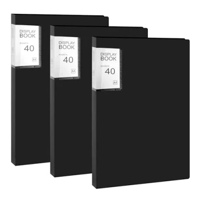 Imagen de Carpetas de Fundas A4, Plástico Libro Presentación con 40 Hojas Carpeta Display Book para Escuela Oficina Colegios 3 Unidades Negro