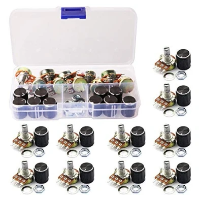 Imagen de GTIWUNG 10Pcs Potenciómetro B10K Ohm, Lineal Cónico Rotativo Kit, 3 Terminales Potenciometro de B Tipo Estéreo Audio con Perilla