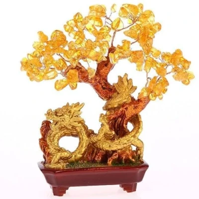 Imagen de lachineuse Árbol dragón de Citrino Amarillo Feng Shui 19 cm Decoración asiática japonés la Fortuna con Dorado Deco asiático Piedras Preciosas Objeto Japón Zen